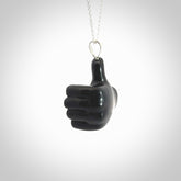 Black Jade thumbs up pendant with Sterling Silver bale and chain.